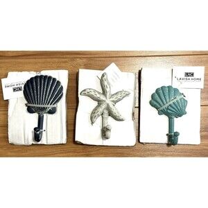 Wall Hook Blue Shell Star Fish Cast Iron Shabby Nautical Lavish Home lot of 3